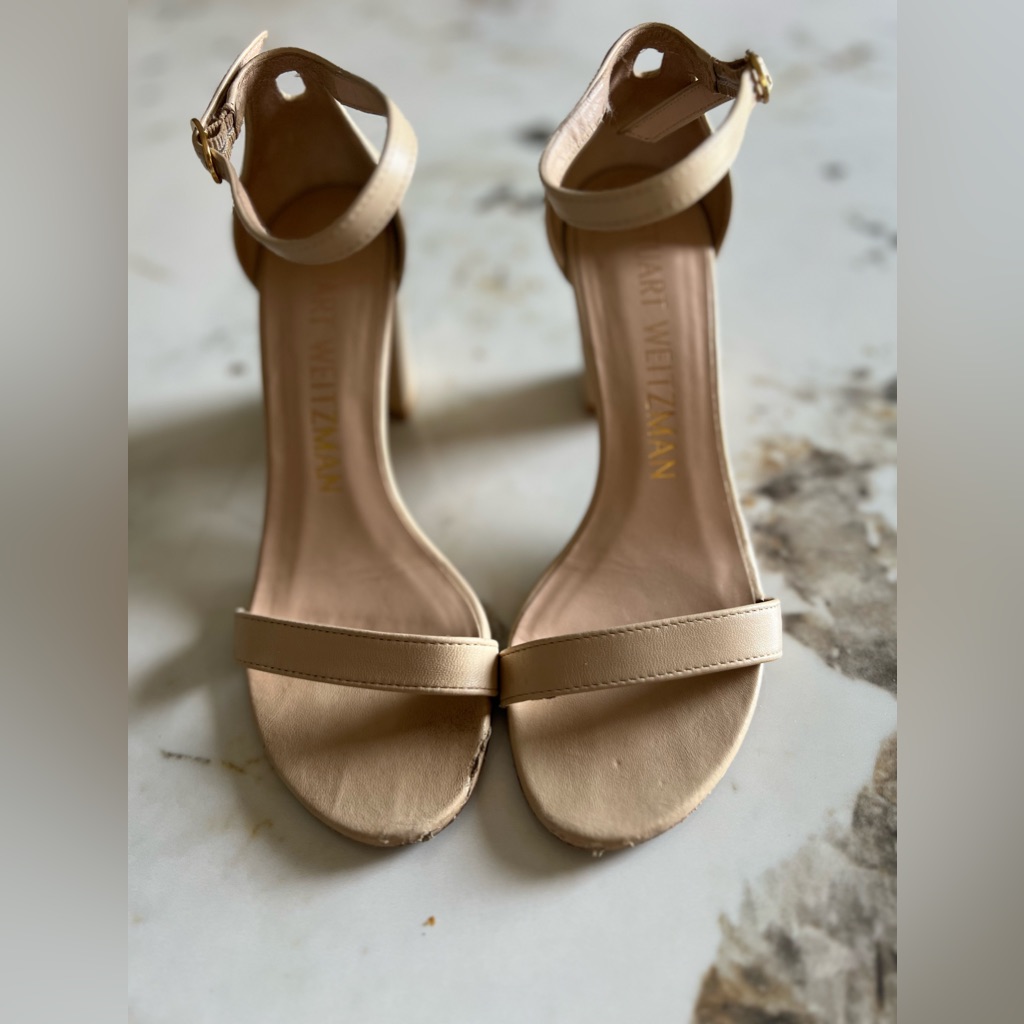 Stuart Weitzman Women's Nudistcurve 75 Square Toe Block Sandals Beige Sz 9s